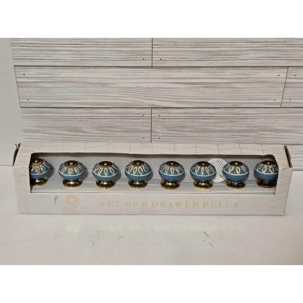 Set 8 Casa Decor Ceramic Drawer Cabinet Pull Knobs Handmade Turquoise & Gold NIB